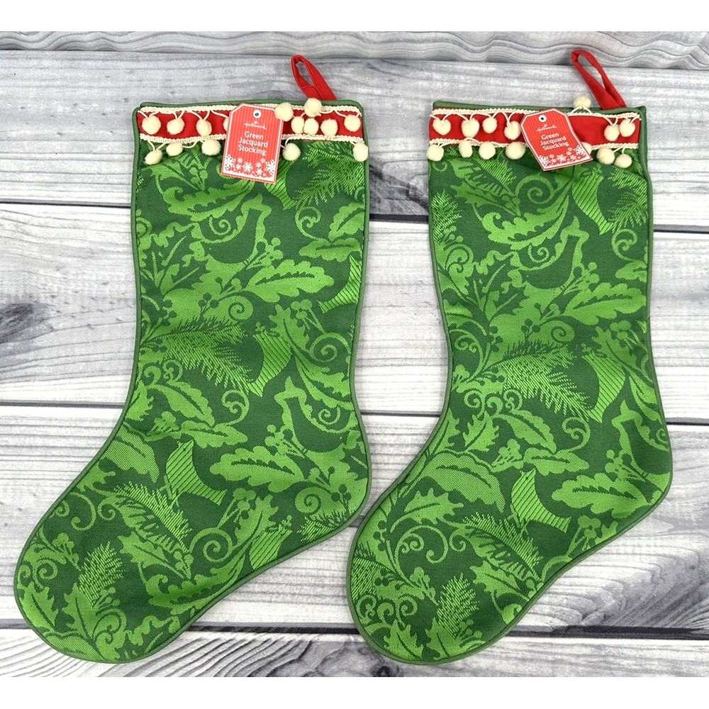 SET OF 2 HALLMARK 18" GREEN JACQUARD CHRISTMAS STOCKINGS BRAND NEW!!